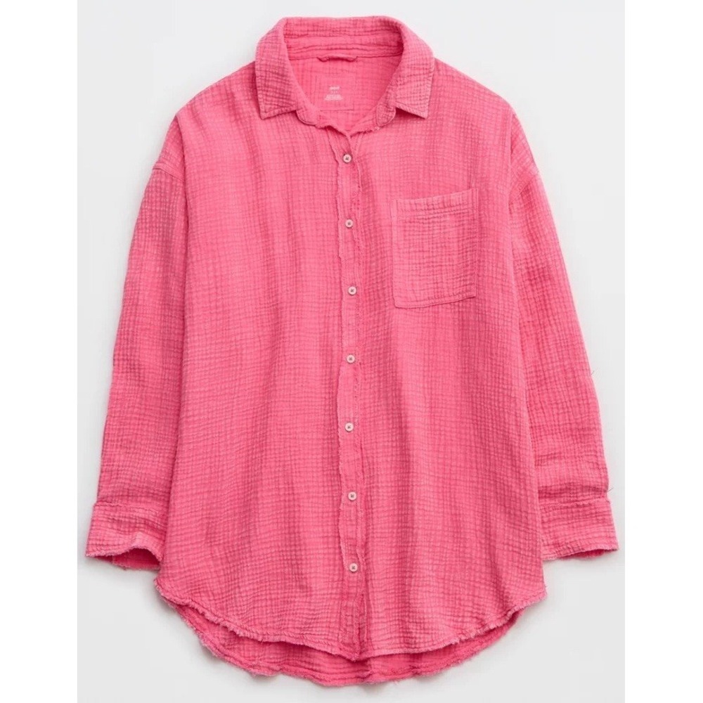 Aerie Women's Gauzy Coverup Shirt Club Pink Sz Large Beach Pool 100% Cotton